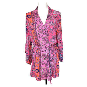 Josie NATORI Pink Multi‎ Hollywood Boho Wrap/Robe Size M Kimono Sleeves